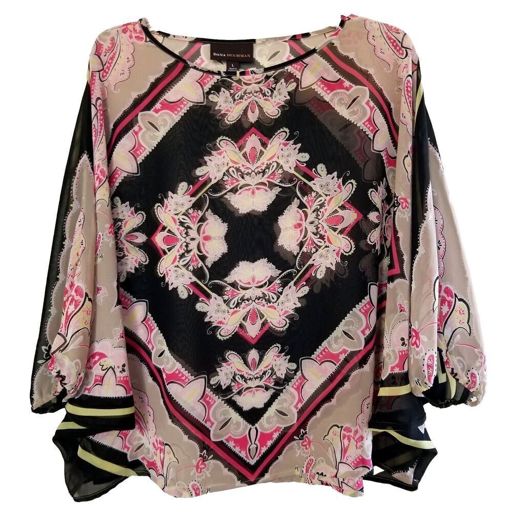 035) Dana Buchman Womens Blouse Large Black Pink‎ Paisley Sheer Career